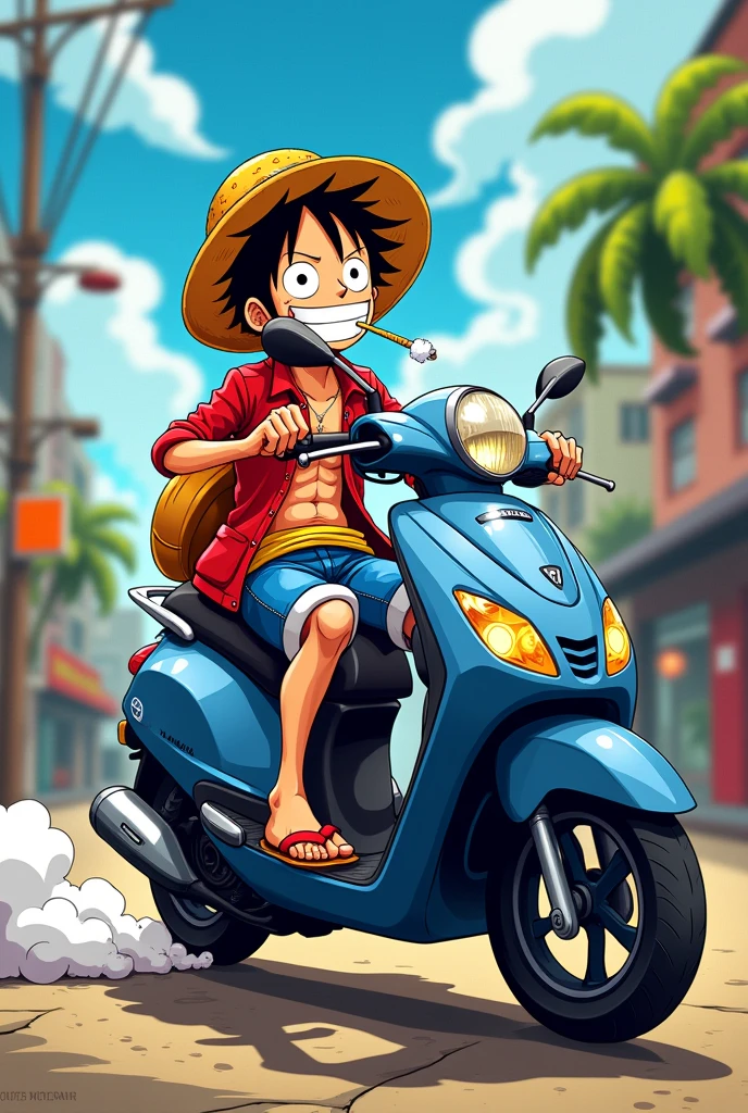 luffy de one piece sur un tmax entrain de fumer un joint en cartoon