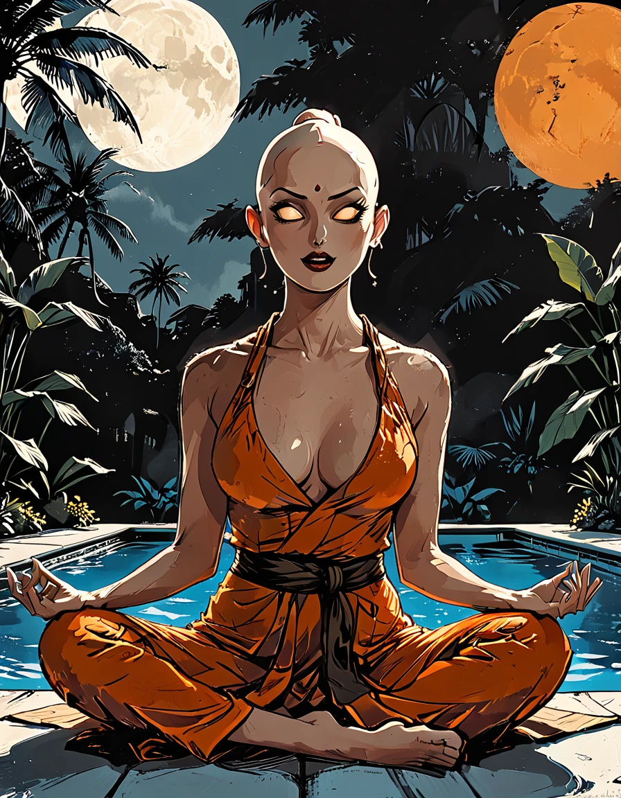 ((night)), dark, deep shadow, ((open mouth)),blind Buddhist monk sitting in lotus position next to the pool at the white hotel, tropical, palm, white hotel, pool, round face, white eyes, no eyebrows, no hair, bald, paw-eared, round cheeks, narrow lips, man, white sclera eyes, Whitewash Eyes, ((((orange Kashaya)))), graphic style of novel comics, perfect hands, 2d,
8k, hyperrealism, masterpiece, high resolution, best quality, ultra-detailed, super realistic, Hyperrealistic art, high-quality, ultra high res, highest detailed, lot of details, Extremely high-resolution details, incredibly lifelike, colourful, soft cinematic light,