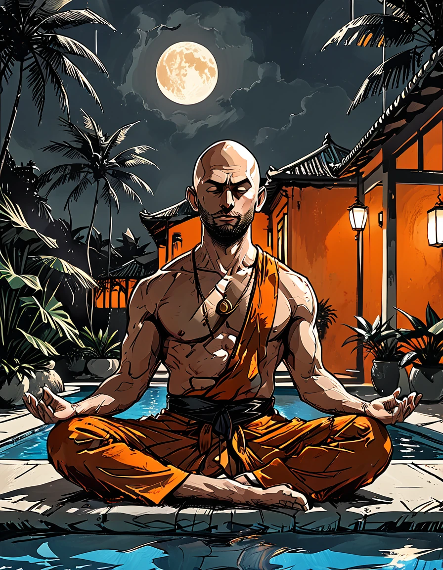 ((night)), dark, deep shadow, ((open mouth)),blind Buddhist monk sitting in lotus position next to the pool at the white hotel, tropical, palm, white hotel, pool, round face, white eyes, no eyebrows, no hair, bald, paw-eared, round cheeks, narrow lips, man, white sclera eyes, Whitewash Eyes, ((((orange Kashaya)))), graphic style of novel comics, perfect hands, 2d,
8k, hyperrealism, masterpiece, high resolution, best quality, ultra-detailed, super realistic, Hyperrealistic art, high-quality, ultra high res, highest detailed, lot of details, Extremely high-resolution details, incredibly lifelike, colourful, soft cinematic light,