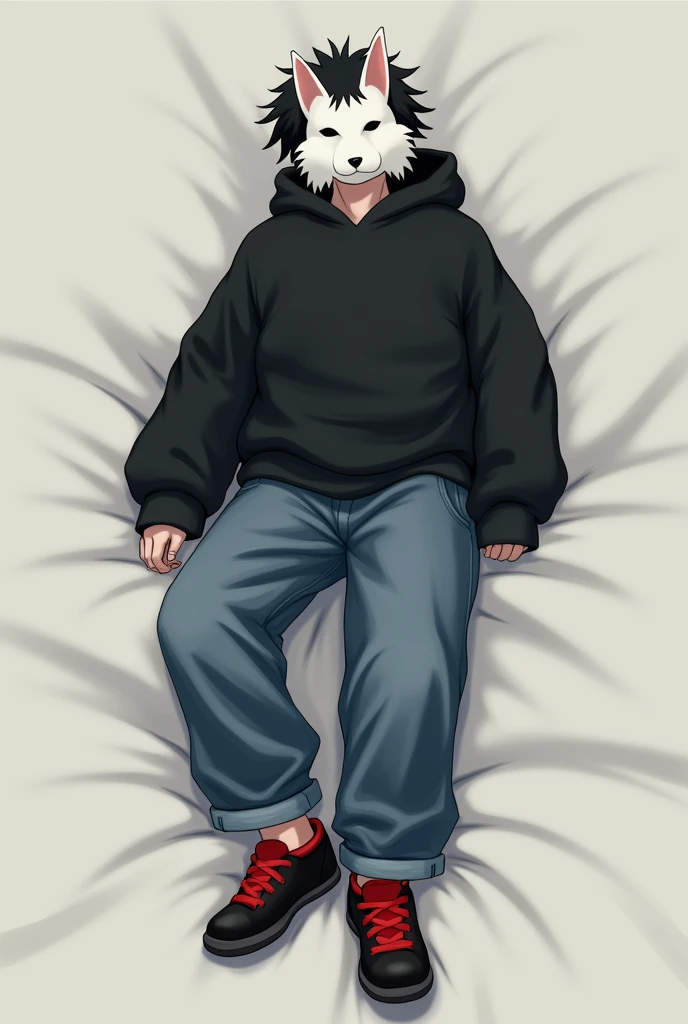 a short shaggy haired individual who lies with a kitsune mask always on face with a plain XL black hoodie and L blue jeans red and black shoes