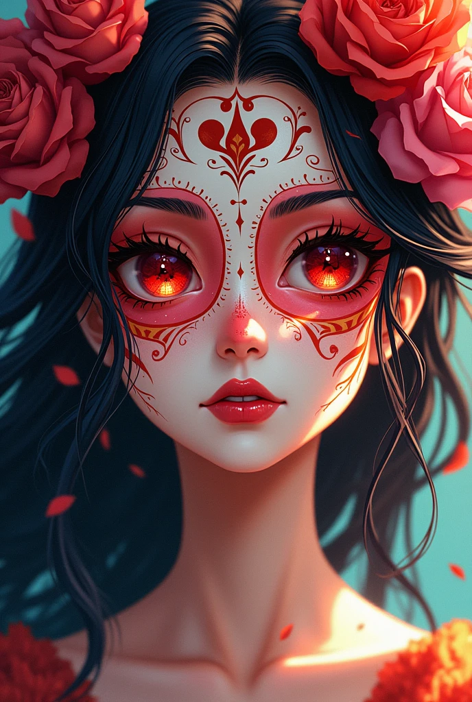 A pretty young woman in anime style with Mexican la Caterina make-up red eyes 
