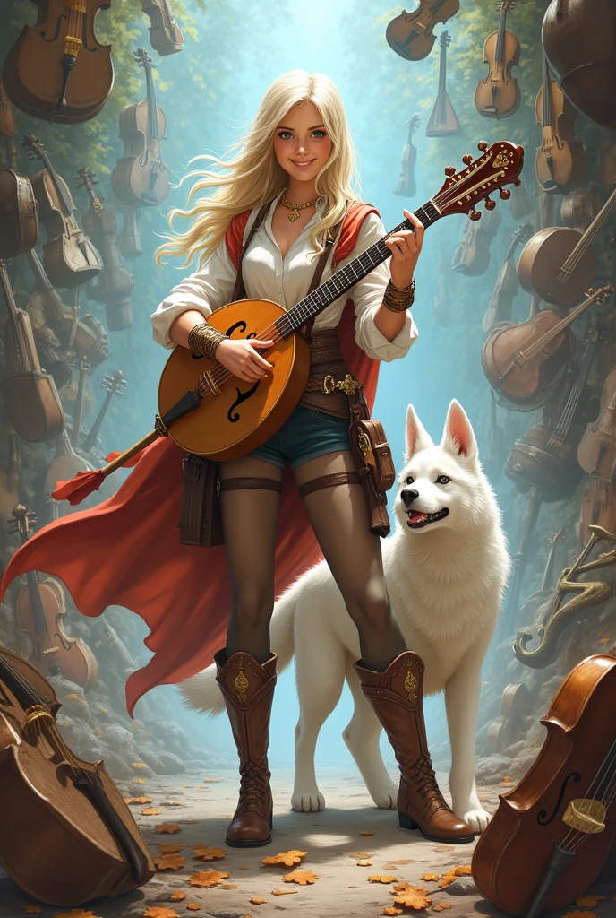 smiling female hero, musical instrument as weapon, white animal hero friend, standing in front of background full of musical instruments, 