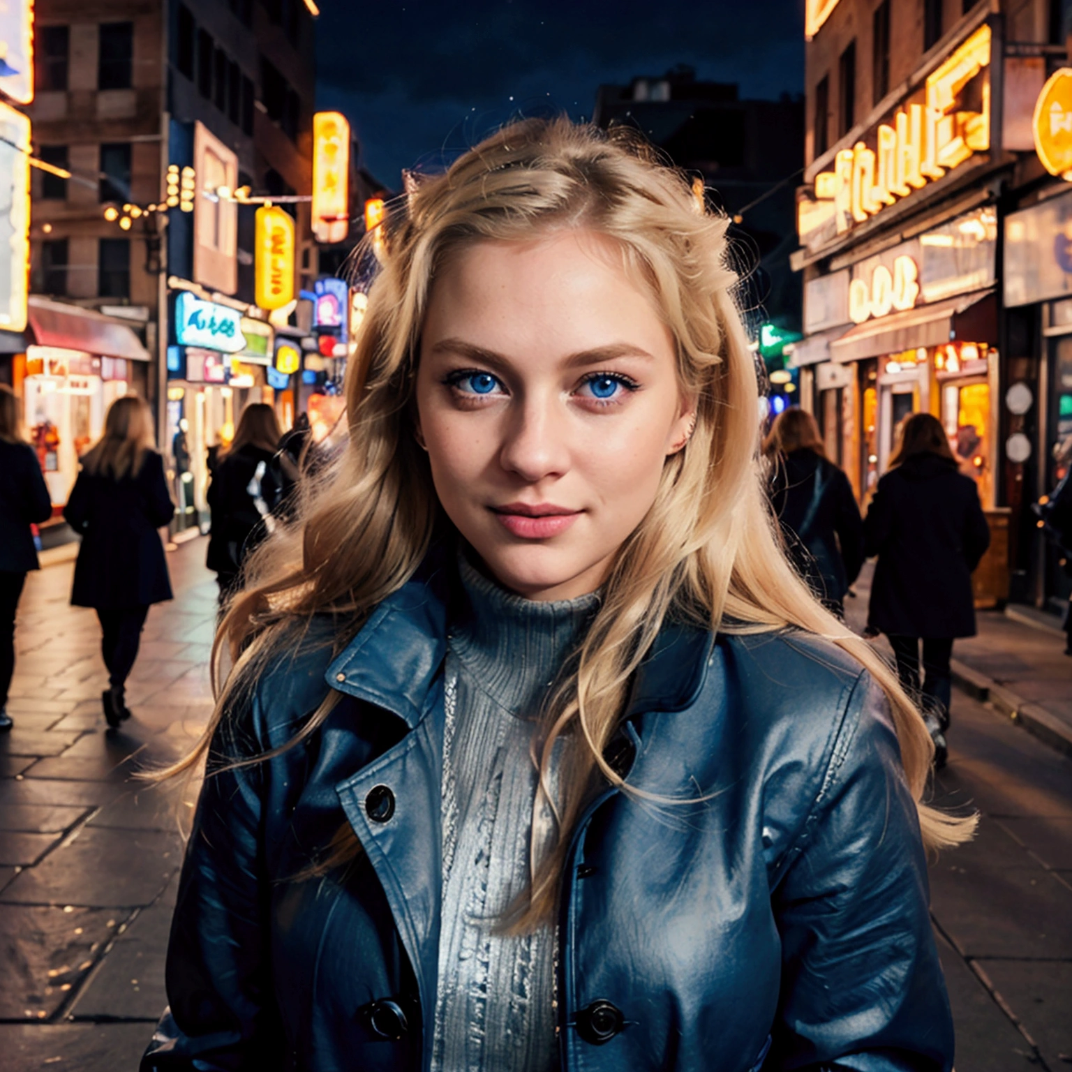 Create a photorealistic image of Anna, 25 years, with blond hair, falling on the shoulders, walking around the city at night. She looks into the camera with her big blue eyes., in which the city lights are reflected. straight nose and full lips, slightly curved in a mysterious smile, give the image a special magic. Anna is wearing a stylish coat, and the background is neon signs and street lights at night.