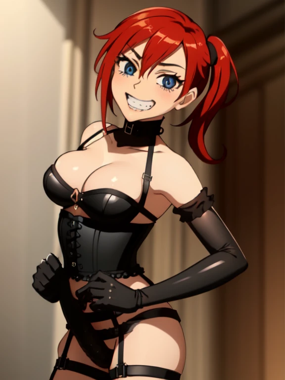 ((Highest quality)), ((masterpiece)), (detailed), prison, One person, akanechan, red hair, femdom, dominatrix, looking down, ((((black dildo, black sex toys, black strap-on)))), ((bare shoulders)), ((black bustier)), ((black stockings)), ((black g-string)), ((black high heels)), ((black garter belt)), ((black elbow gloves)), ((female standing)), ((evil grin)), stare at viewer with stern eyes, ((looking at viewer)), from below,