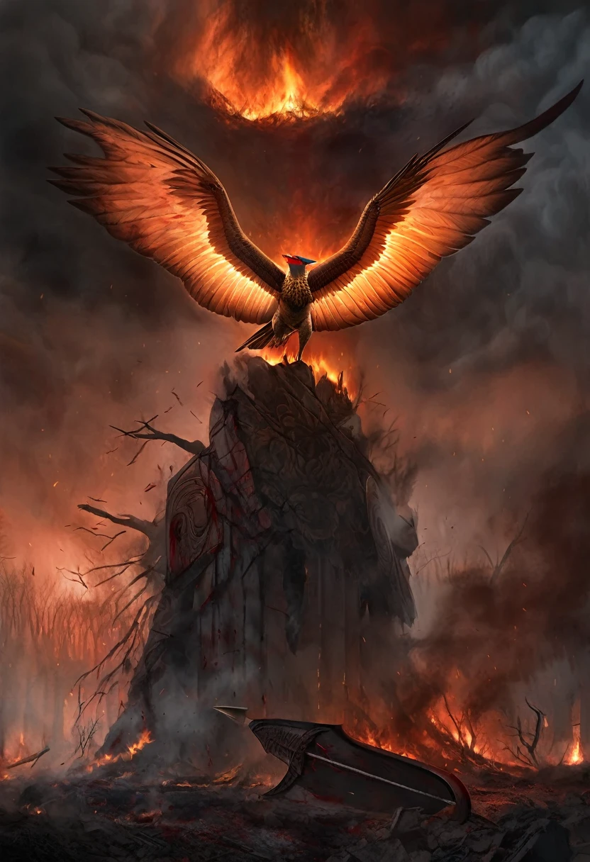 A realistic and dramatic scene of a Garuda perched on a shield embedded in the ground. The shield features the Garuda Pancasila emblem prominently in the center. The Garuda is wounded, with blood visible and arrows piercing its wings. The background is a burning forest with thick smoke filling the air, creating an intense and somber atmosphere, building destroy