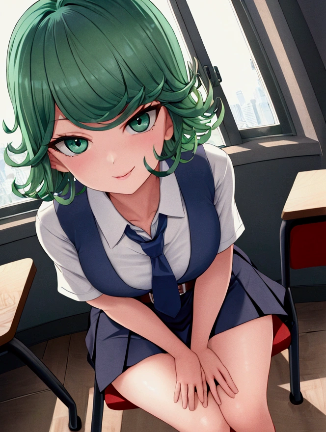 (high res, 8K, masterpiece, looking at viewer, best quality, very aesthetic, ultra detailed, ultra background, ultra Eyes) intricate details, 1girl, Tatsumaki, Chibi, short sleeved white shirt, Light Blue short skirt, Pockets on the left chest, Light Blue tie, Wearing a belt, green short hair, green eyes, Smile Face, Sit on the Chair, Background Windows, Clasroom, Cinematic Angle