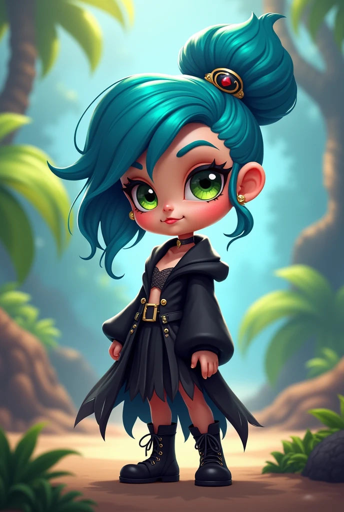 brawl stars, female character, younger, cute, Short, phosphorescent blue, fire-type hair, gothic black clothing, large eyes, shiny and green dencolot, , Moana style, 5 year old appearance