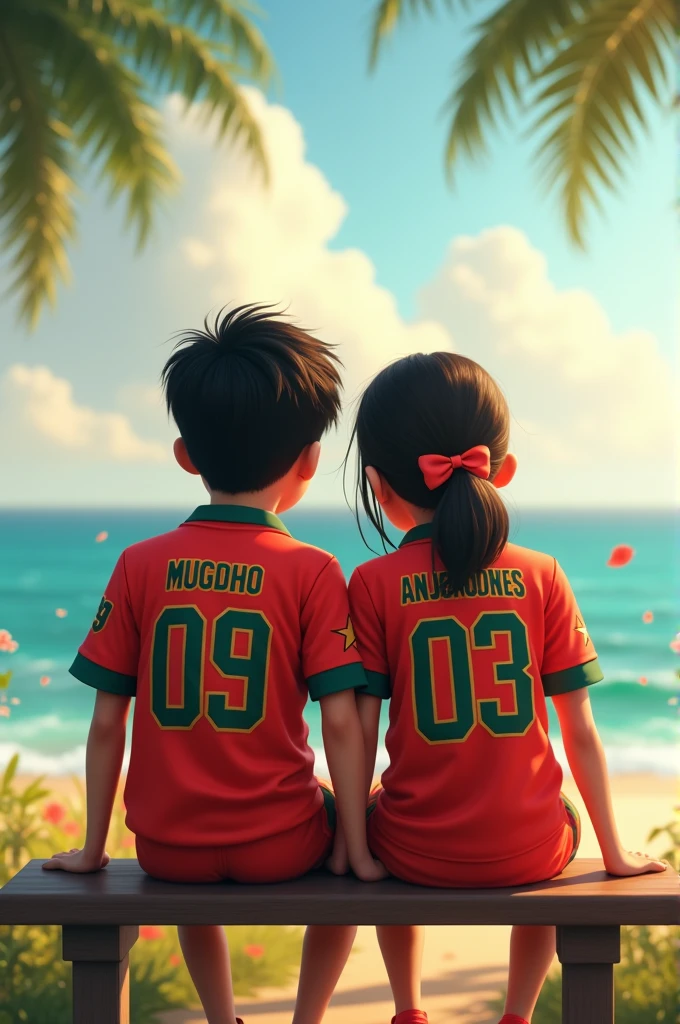 A boy whose name is "Mugdho" and a girl whose name is "Anjum Ara Jim" wearing Bangladeshi cricket Jersey and sitting on a bench near sea.
The names of the boy and girl are written in the backside of the Jerseys. The Jersey number of boy is 09 and the Jersey number of the girl is 03