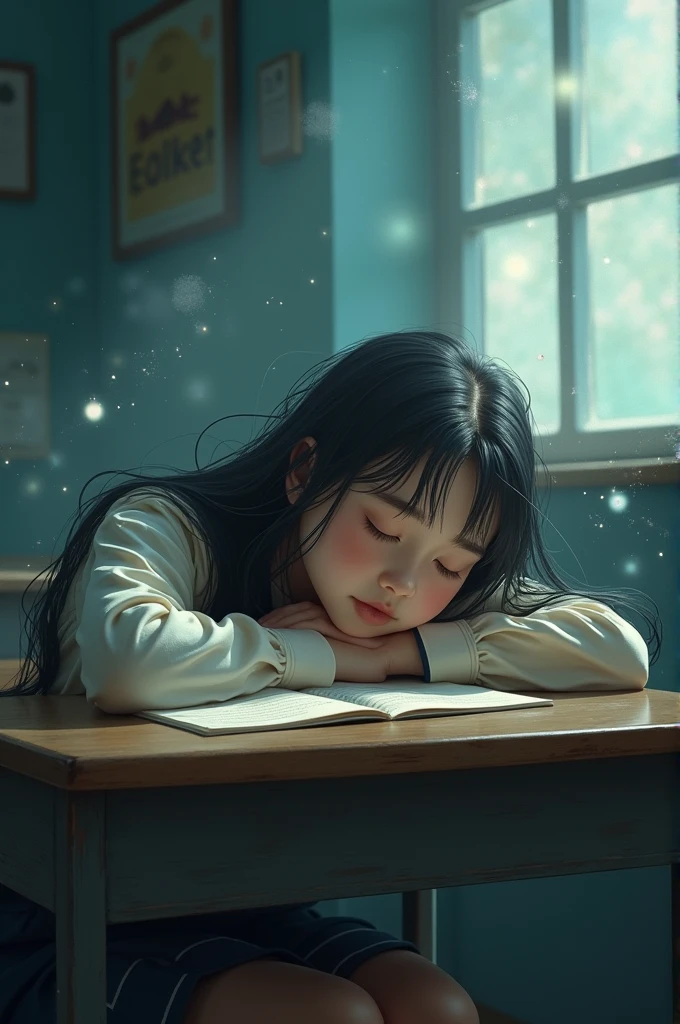 A book cover with a realistic girl sleeping in her desk. Fantasy and dream. Title is Sleeping Tala