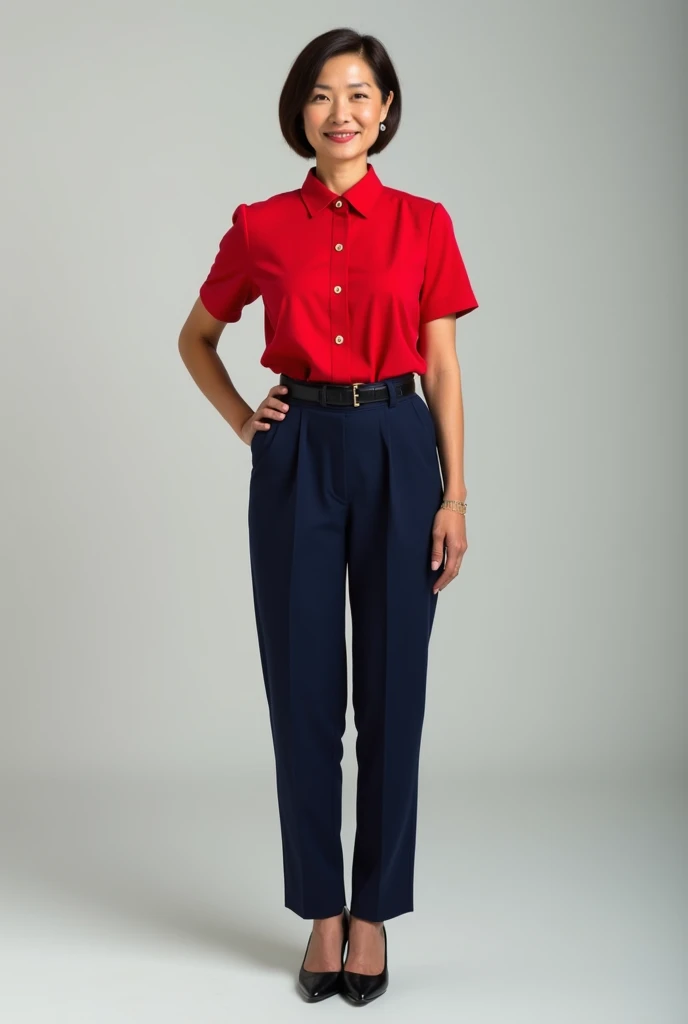 50 year old woman in red dress shirt, short sleeve, navy blue pants, black belt and black shoes, Whole body