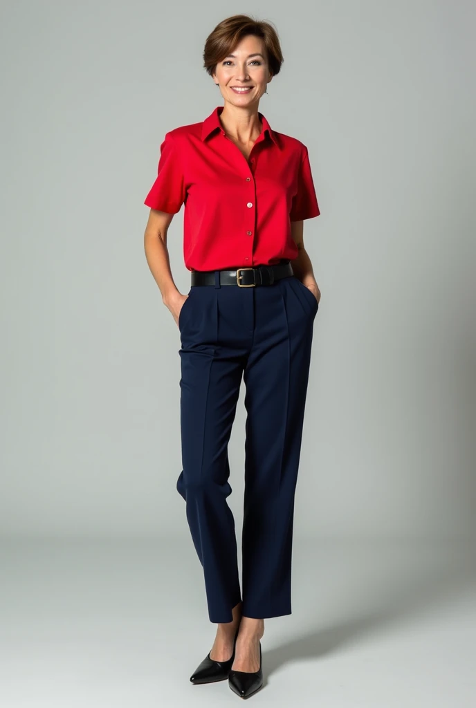 50 year old woman in red dress shirt, short sleeve, navy blue pants, black belt and black shoes, Whole body