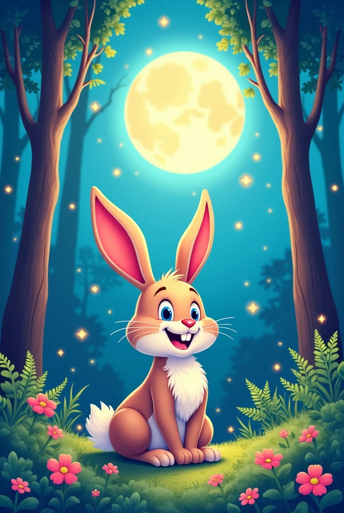 every night in the forest, A happy rabbit sits enjoying the moonlight, animated coloring page