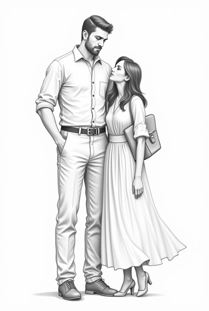 um casal, one man and one woman, Tall man, Short woman, dressed in modest clothing. pencil draw