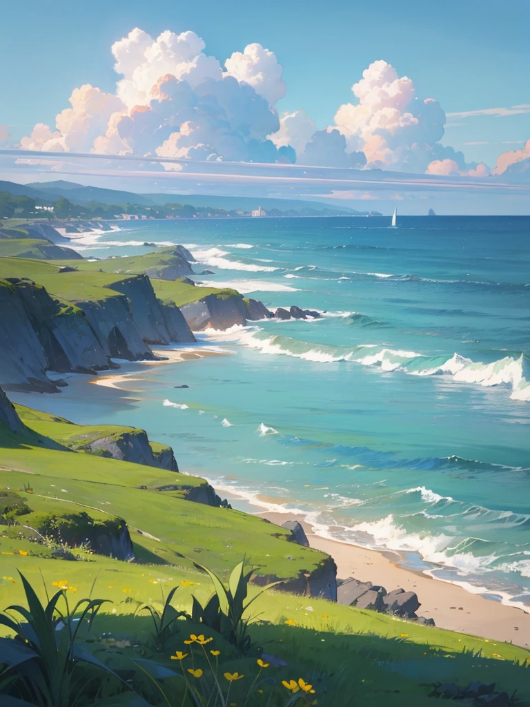 Create an image of a tranquil coastal scene during a clear day. In the foreground, a figure wearing a yellow dress stands on a grassy hill, facing away and looking out at the expansive ocean. The sky is vast, bright blue, and filled with soft, scattered clouds. The distant horizon line is where the ocean meets the sky, with subtle waves visible on the water. The surrounding landscape is lush and green, with a variety of small plants and wildflowers. The overall mood is peaceful, evoking a sense of calm and contemplation.