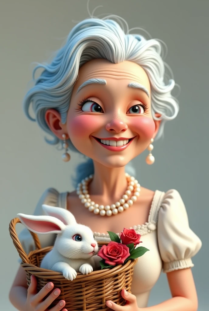 Very old 70woman old face
 hat white woman blue hair 
With a very smiling and happy lip
With an old basket with a white rabbit in it
With a white princess dress and
A pearl necklace with a red rose
Style 3D