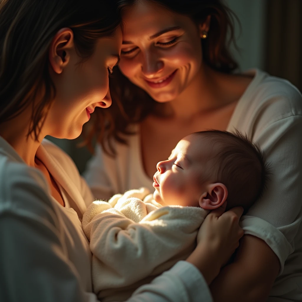 (Scene of Happiness), A newborn peacefully sleeps in the arms of its mother, surrounded by the loving gaze of its family. Using warm and delicate lighting to record the arrival of this new member of the family. Beautiful cinematic lighting, surreal, color graded, dynamic movement, captivating chiaroscuro, (special effects:0.1), full body, award-winning, cinematic still, emotional, vignette, dynamic, vivid, (masterpiece, best quality, photorealistic, Professional, perfect composition, very aesthetic, absurdres, ultra-detailed, intricate details:1.3)