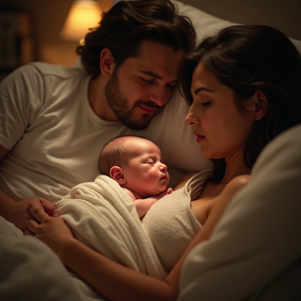 (Scene of Happiness), A newborn peacefully sleeps in the arms of its mother, surrounded by the loving gaze of its family. Using warm and delicate lighting to record the arrival of this new member of the family. Beautiful cinematic lighting, surreal, color graded, dynamic movement, captivating chiaroscuro, (special effects:0.1), full body, award-winning, cinematic still, emotional, vignette, dynamic, vivid, (masterpiece, best quality, photorealistic, Professional, perfect composition, very aesthetic, absurdres, ultra-detailed, intricate details:1.3)