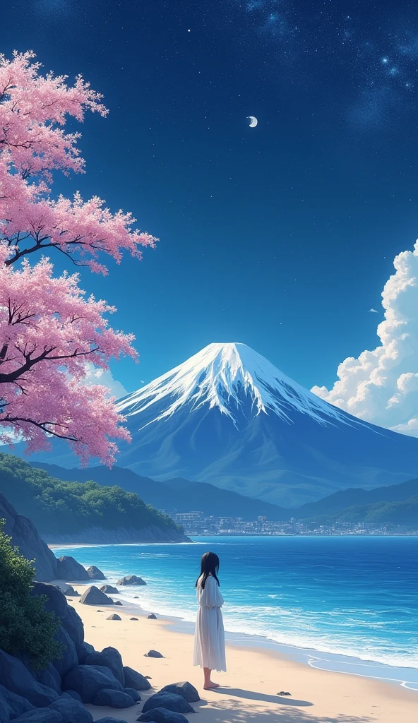 BREAK (masterpiece:1.2), best quality, high resolution, unity 8k wallpaper, (illustration:0.8), (beautiful detailed eyes:1.6), extremely detailed, perfect lighting, extremely detailed CG, Beach, mountains, Sakuras, sea, shining stars, solo, scenery , night,