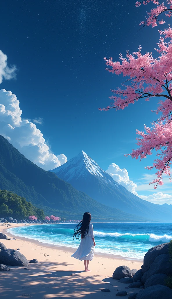 BREAK (masterpiece:1.2), best quality, high resolution, unity 8k wallpaper, (illustration:0.8), (beautiful detailed eyes:1.6), extremely detailed, perfect lighting, extremely detailed CG, Beach, mountains, Sakuras, sea, shining stars, solo, scenery , night, 