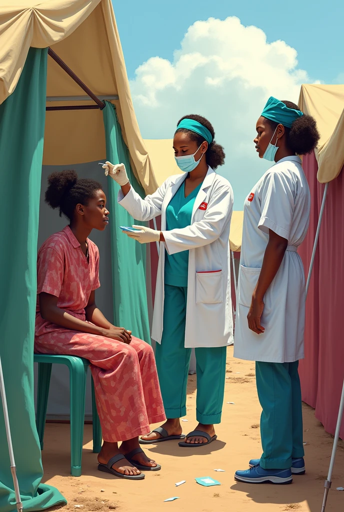 Illustrations of nigerian health workers helping internally displaced persons with their health provlems