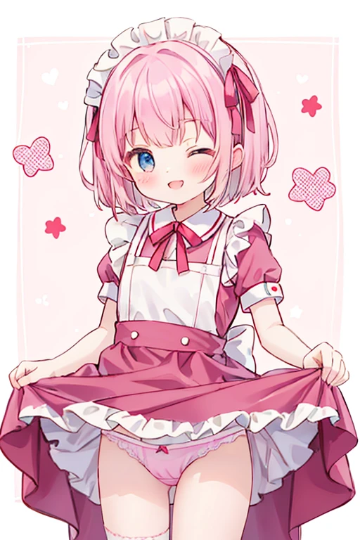 very cute, cheerful, wink, one eye closed, pink maid outfit, mini-skirt, skirt lift,pantie