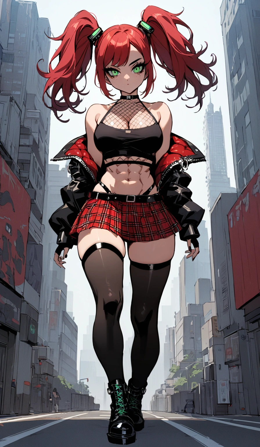 woman, stoic, curly red hair in pig tails, green eyes, black eyeshadow, wearing crop top black shirt, long black jacket, red plaid skirt, black knee high boots, black fingerless gloves, exposed shoulders, large breasts, freckles, abs, cleavage, looking down at viewer, masterpiece, best quality, Holo-Punk Style, cityscape, make up, eyelashes, fish net undershirt, fish net stockings, (full body), legs crisscrossed