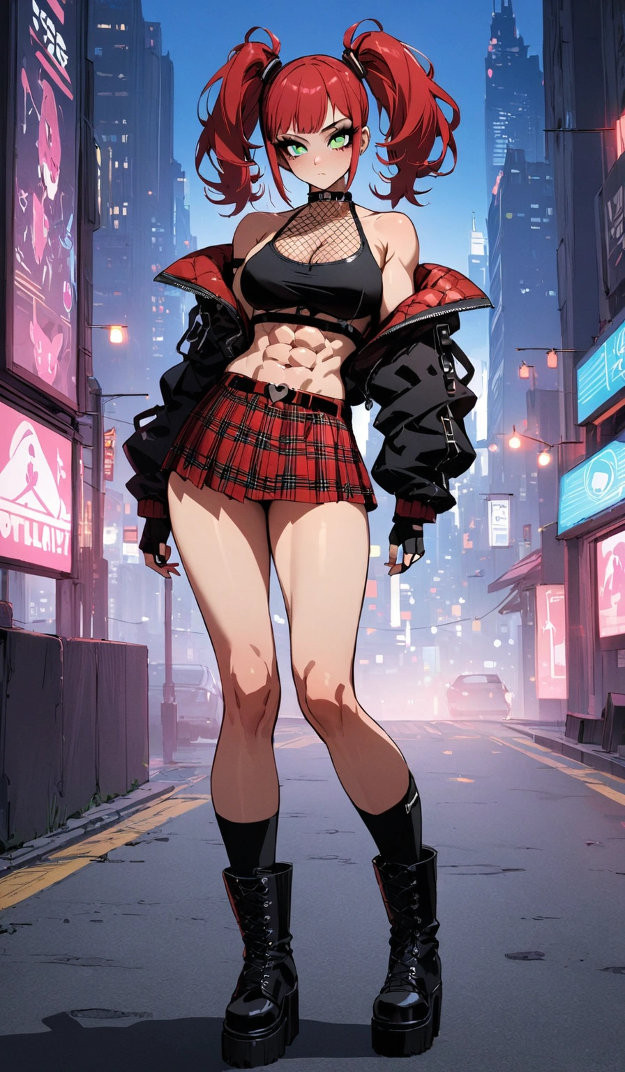 woman, stoic, curly red hair in pig tails, green eyes, black eyeshadow, wearing crop top black shirt, long black jacket, red plaid skirt, black knee high boots, black fingerless gloves, exposed shoulders, large breasts, freckles, abs, cleavage, looking down at viewer, masterpiece, best quality, Holo-Punk Style, cityscape, make up, eyelashes, fish net undershirt, fish net stockings, (full body), legs crisscrossed