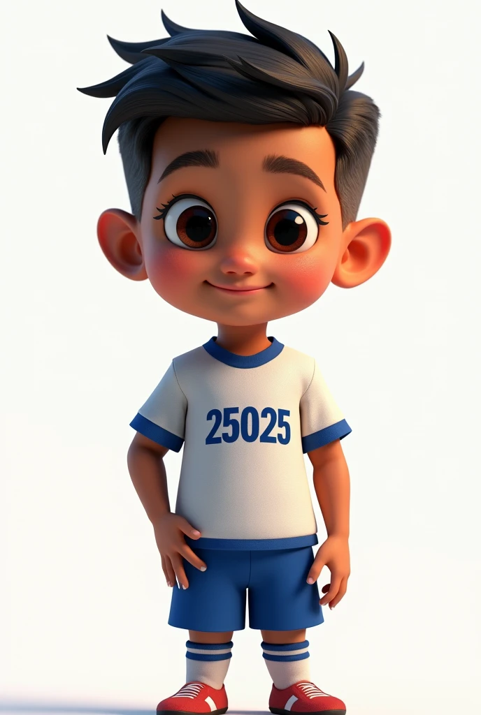 a character in standing pose, hyper-realistic, 1 young boy, beautiful detailed eyes, beautiful detailed lips, extremely detailed face, name MANINHO and number 25025 printed on, blue pants, knee-high socks, soccer player style, intricate details, volumetric lighting, dramatic chiaroscuro, cinematic lighting, award-winning digital art, masterpiece, high quality, 8k, photorealistic, studio lighting, physically based rendering, vibrant colors, warm color palette, pixar style, disney. white background