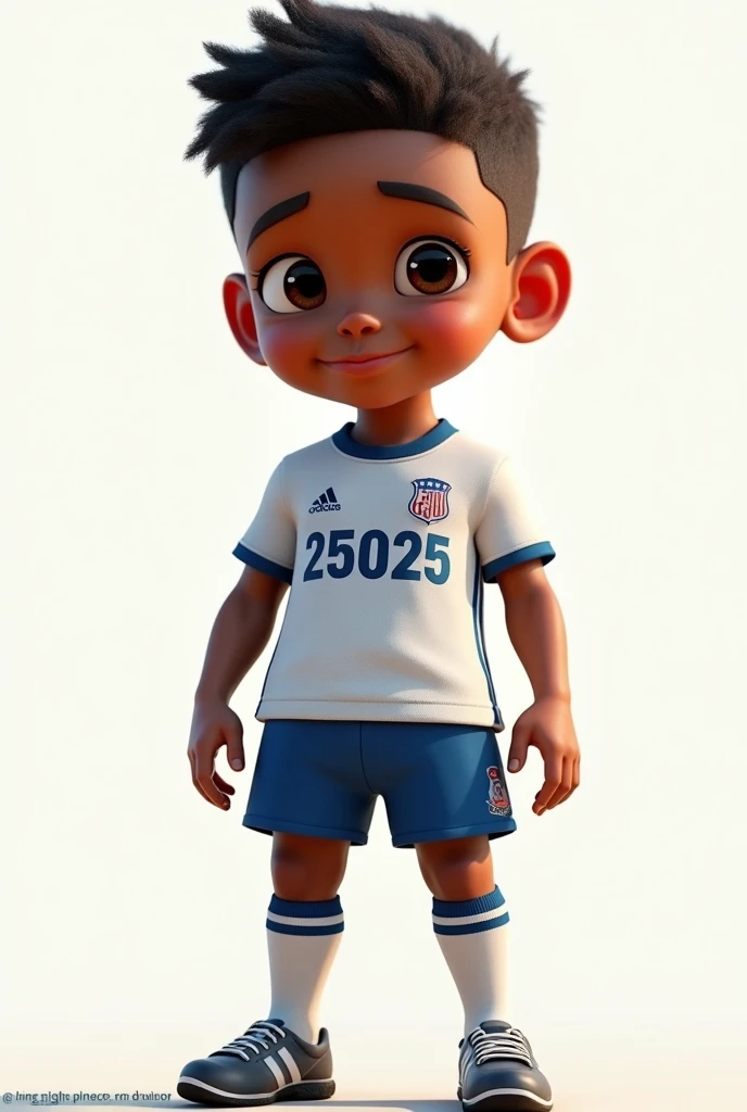a character in standing pose, hyper-realistic, 1 young boy, beautiful detailed eyes, beautiful detailed lips, extremely detailed face, name MANINHO and number 25025 printed on, blue pants, knee-high socks, soccer player style, intricate details, volumetric lighting, dramatic chiaroscuro, cinematic lighting, award-winning digital art, masterpiece, high quality, 8k, photorealistic, studio lighting, physically based rendering, vibrant colors, warm color palette, pixar style, disney. white background