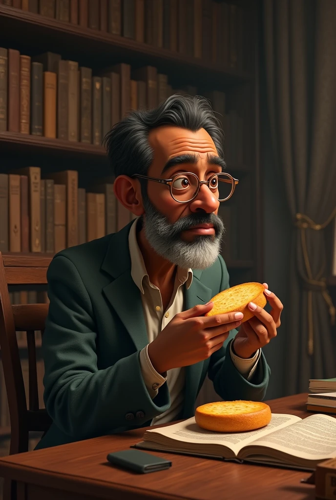 create a pixar of machado de assis, black man with a thin nose, with a big white beard, black cut hair, thin, frameless glasses with a cord , in an old suit, with old effects in a library writing, looking to the side eating round cheese bread, in an ancient environment