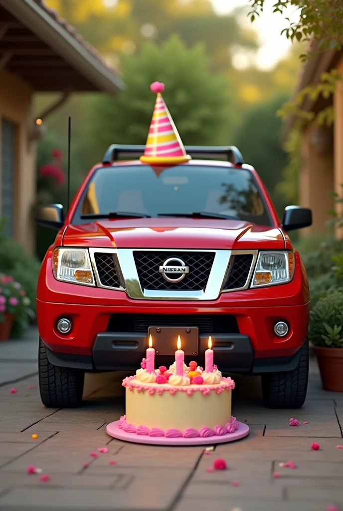 A red Nissan Frontier celebrating a birthday by eating cake