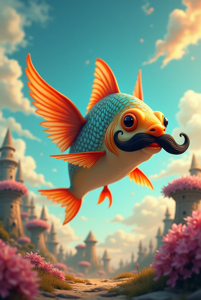 Fish running with wings and mustache