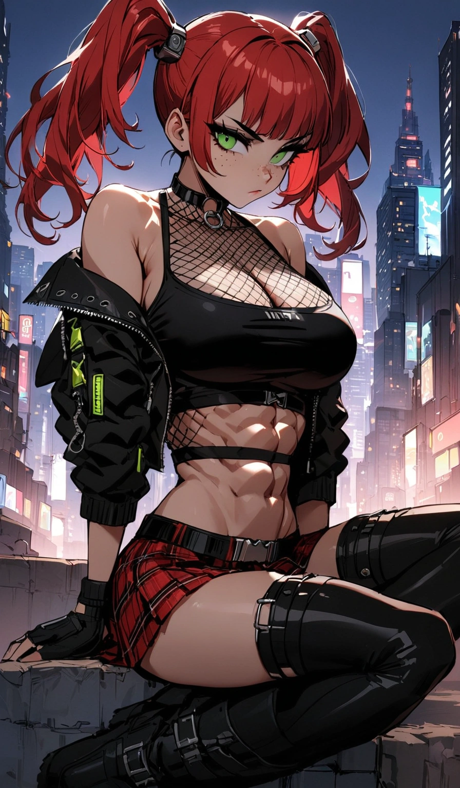 woman, stoic, curly red hair in pig tails, green eyes, black eyeshadow, wearing crop top black shirt, long black jacket, red plaid skirt, black knee high boots, black fingerless gloves, exposed shoulders, large breasts, freckles, abs, cleavage, looking down at viewer, masterpiece, best quality, Holo-Punk Style, cityscape, make up, eyelashes, fish net undershirt, fish net stockings, (full body), legs crossed