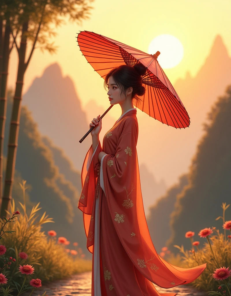 Create a digital illustration in 8K Ultra HD resolution，Depicts a young woman in her late teens or early twenties.。She stood on a quiet mountain path，The setting sun shines，Looking far away，Gently holding a traditional oil-paper umbrella in hand。The umbrella is decorated with elegant plum blossom patterns，Oily paper texture is real，Reveals detailed texture and shimmer in soft evening light。The woman looks weak and lovable，Exuding a fragile yet tough beauty。

Her outfit is inspired by Chinese TV series《Lotus Tower》Li Lianhua in，Emphasize her softness and gentleness。She wore a bright red strapless gown，This robe is brightly colored and full of layers，Exudes a warm and slightly tender feeling。The fabric shows changing luster under different lights，Emphasis on silk-like smoothness，And it presents a higher sense of reality when floating。

on the basis of robe，She also paired it with a bright red shawl，The color of the shawl is the same as the robe，And added detailed golden embroidery patterns on the shawl。The silk is light and elegant，Swaying slightly with the wind，and cleverly covers the shoulders of the off-the-shoulder gown，Make the overall shape more elegant。The design of the shawl not only adds classical charm，It also provides a sense of hierarchy visually.，Make the overall shape more complete。

The embroidery patterns on robes and shawls are delicately rendered in gold lines，More detailed and gorgeous，Improve the sense of layering and detail realism，Delicately depict the elegance of traditional Chinese aesthetics。

She has a slender figure，Light movements，Skin is delicate and smooth as porcelain，Hair pulled into a bun casually，A few strands of fine hair fall naturally around her face，Adds a sense of soft beauty，The texture of hair seems real and touchable。

The woman's face is beautiful，Soft facial features，The eyes reveal deep longing and expectation。She looked back，There is a hint of surprise and desire in the expression，As if I thought my old friend had returned。Her eyes sparkled with tears in the sunset，Skin appears transparent and soft under the warm sunlight，The corners of the mouth are slightly raised，A trace of imperceptible sadness。However，At that moment, his expression quickly turned to disappointment.，Because the person she expected didn&#39;t show up。Even though she looks weak，But the eyes reveal a kind of independence and strong strength，As if in the years of living alone，She has learned how to go on with strength。

The background is set on a quiet mountain road，The afterglow of the setting sun dyes the entire scene with golden light and shadow。The light is real and warm，The mountains in the distance and the remaining clouds on the horizon look  and beautiful。The path is lined with low bamboo forests and scattered wild flowers.，blowing with the evening wind，The texture and real details of bamboo leaves and wildflowers are clearly visible。The entire screen presents unparalleled resolution，Details remain clear and realistic even when zoomed in，Make this image look great on the big screen or up close，All display stunning picture quality。