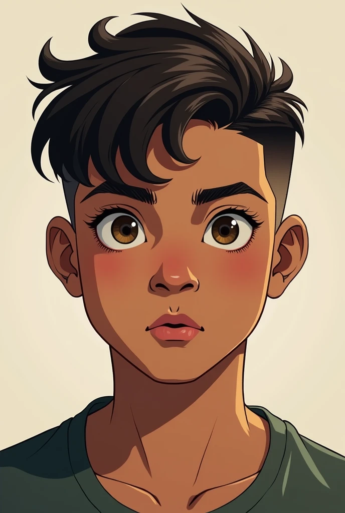 male teenager,low fade haircut,brown skin ,eyes browns, drawn image
