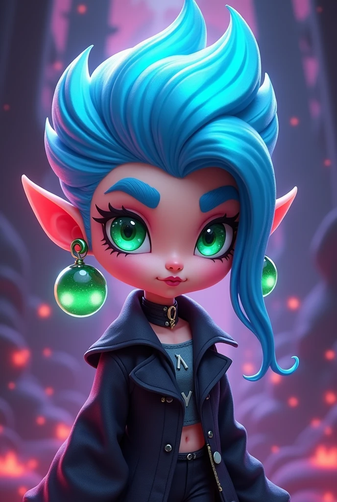 estilo brawl stars, female character, younger, cute, Short, phosphorescent blue, fire-type hair, gothic black clothing, large eyes, shiny and green dencolot, , 5 year old appearance