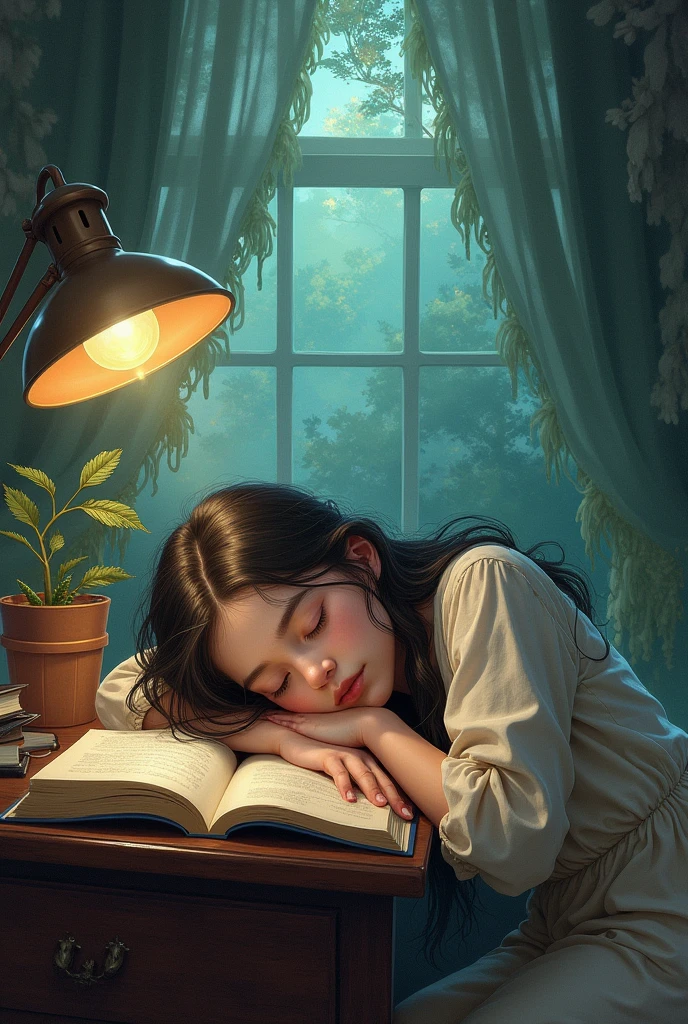 A book cover with a realistic teenange girl sleeping in her desk at home. Fantasy and dream. Title is Sleeping Tala