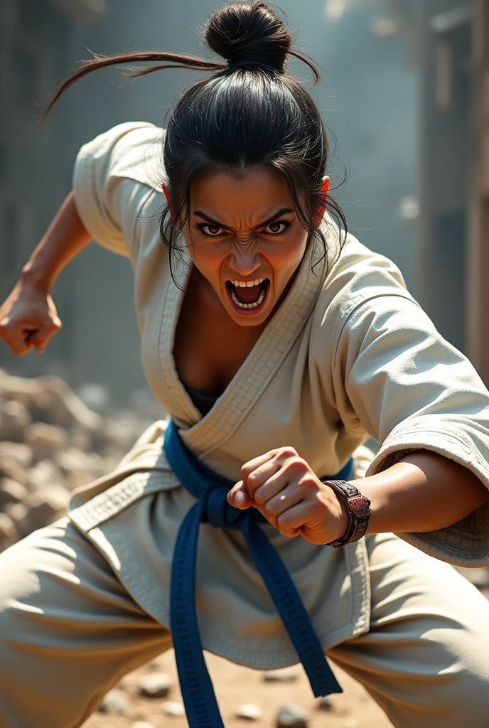 Female Karateka, struggling, very short hair tied up with a bun, bright brown eyes asian, concentrated, screaming in anger, dirty white karategi, Dirty Blue Belt, firm eyes, attack stance, Destroyed Dojo, injured forearms.