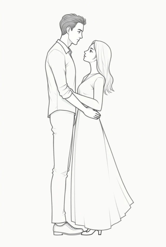 um casal, one man and one woman, Tall man, Short woman, dressed in modest clothing. pencil draw