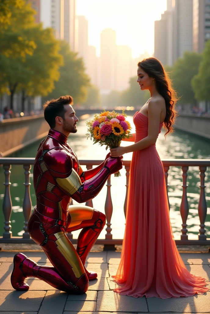 Ironman is kneeling on a river bridge and proposing to a beautiful lady with flowers in his hand.