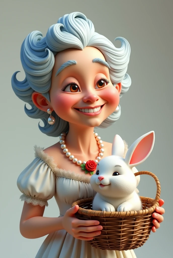 Very old 70woman old face
hat white woman blue hair
With a very smiling and happy lip
With an old basket with a white rabbit in it
With a white princess dress and
A pearl necklace with a red rose
Style 3D