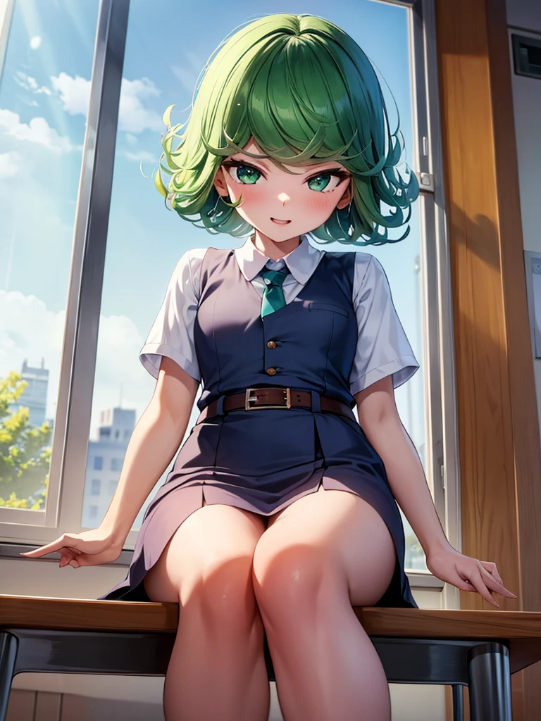 (high res, 8K, masterpiece, looking at viewer, best quality, very aesthetic, ultra detailed, ultra background, ultra Eyes) intricate details, 1girl, Tatsumaki, Chibi, short sleeved white shirt, Dark Blue short skirt, Pockets on the left chest, Dark Blue tie, Wearing a belt, green short hair, green eyes, Laughing Face, Sit on the Chair, Background Windows, Clasroom, Cinematic Angle
