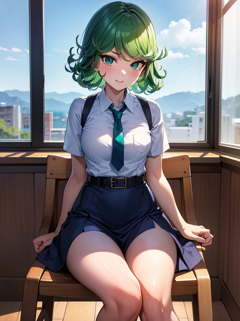 (high res, 8K, masterpiece, looking at viewer, best quality, very aesthetic, ultra detailed, ultra background, ultra Eyes) intricate details, 1girl, Tatsumaki, Chibi, short sleeved white shirt, Dark Blue short skirt, Pockets on the left chest, Dark Blue tie, Wearing a belt, green short hair, green eyes, Laughing Face, Sit on the Chair, Background Windows, Clasroom, Cinematic Angle