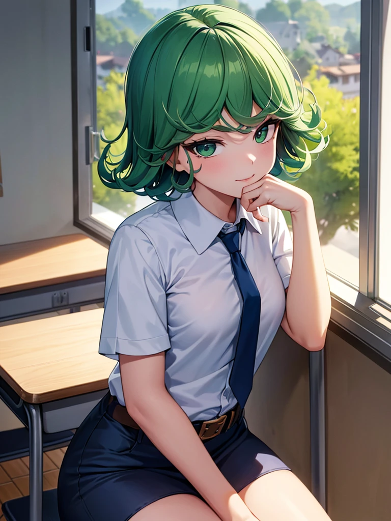 (high res, 8K, masterpiece, looking at viewer, best quality, very aesthetic, ultra detailed, ultra background, ultra Eyes) intricate details, 1girl, Tatsumaki, Chibi, short sleeved white shirt, Dark Blue short skirt, Pockets on the left chest, Dark Blue tie, Wearing a belt, green short hair, green eyes, Laughing Face, Sit on the Chair, Background Windows, Clasroom, Cinematic Angle