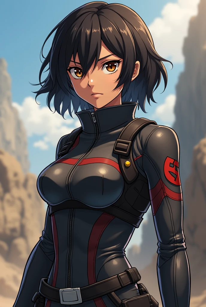 Create an image of an ideal woman for Levi Ackerman from 'Shingeki no Kyojin', taking into account their physical characteristics and personality. Women should be athletic, active and independent, like Levi. Your height should be approximately 1,60 m, with dark skin and short or shoulder-length hair, Wavy. Your face should be delicate, with hazel eyes.
For the outfit, uses exactly the uniform of the Scout Legion of Shingeki no Kyojin, like Levi. Create a detailed and anime-like image, in the style of MAPPA in the anime 'Shingeki no Kyojin'.