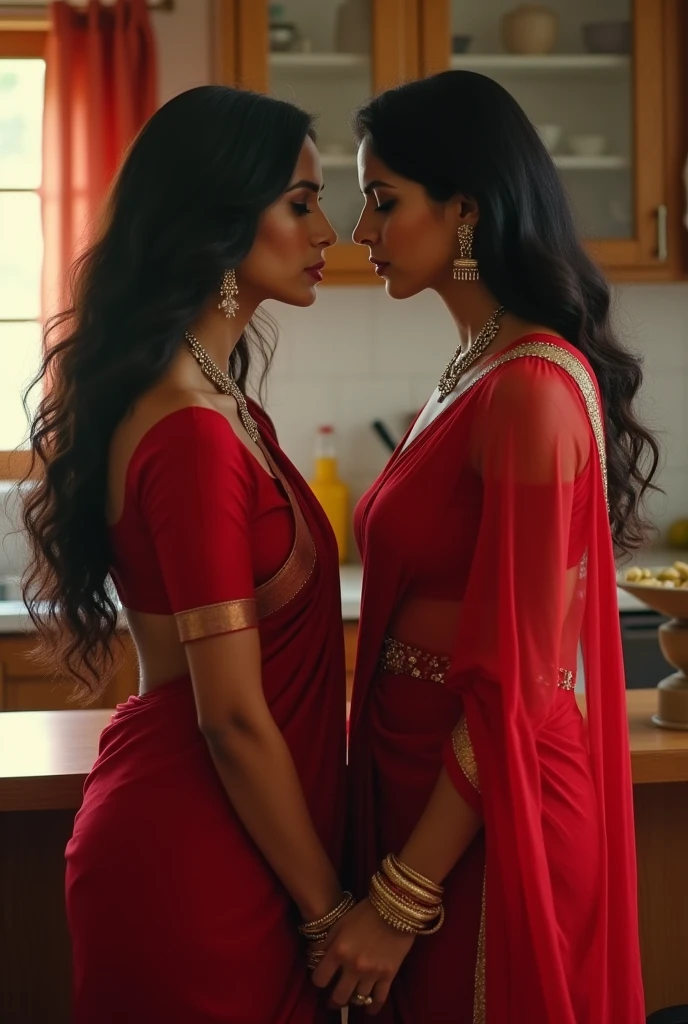 A sexy Indian wife with huge boobs wearing sexy red wear thin saari long clevage standing nose to nose with her rivals women who wearing red thin sexy saari long clevage big both women standing in kitchen staring each other angrily look like bollywood actress