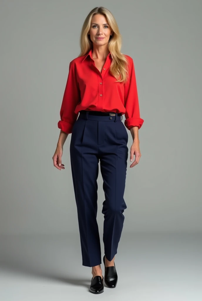 50 year old woman with long blonde hair wearing a red dress shirt, long sleeve, navy blue pants, black belt and black shoes, Whole body