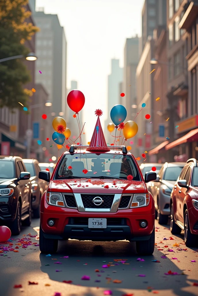 A red Nissan Frontier celebrating a birthday with its Nissan friends