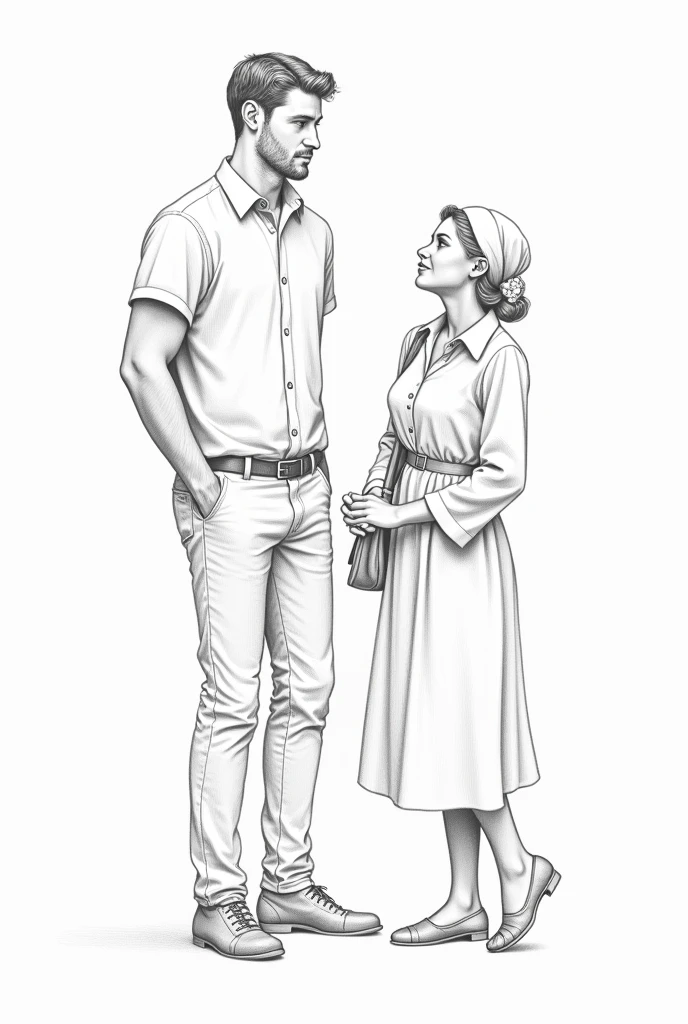 um casal, one man and one woman, Tall man, Short woman, dressed in modest clothing. pencil draw