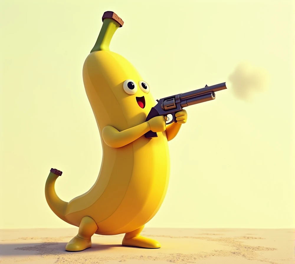 a human banana, tailless smiling and aiming a gun to the east